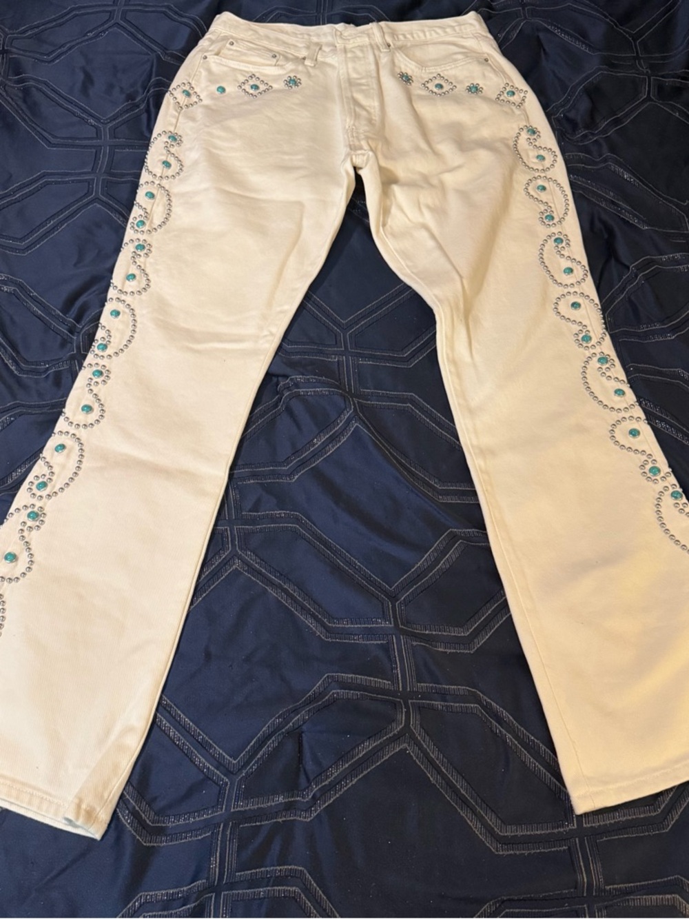 MNML Cream Boot Cut Jeans with Turquoise Accents
